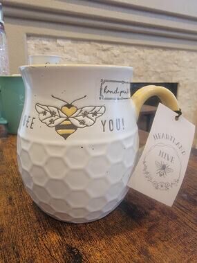 Heartland Hive Bee You Honeycomb Coffee Mug White Yellow Large Hand Painted